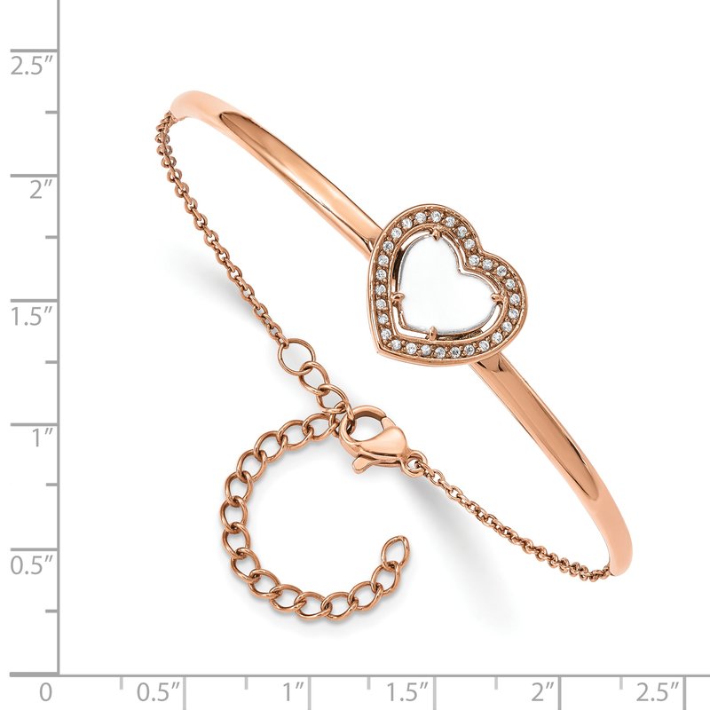 Stainless Steel Polished Rose IP-plated White Enameled CZ Heart 6.5 inch Bangle Bracelet with 2 inch Extension