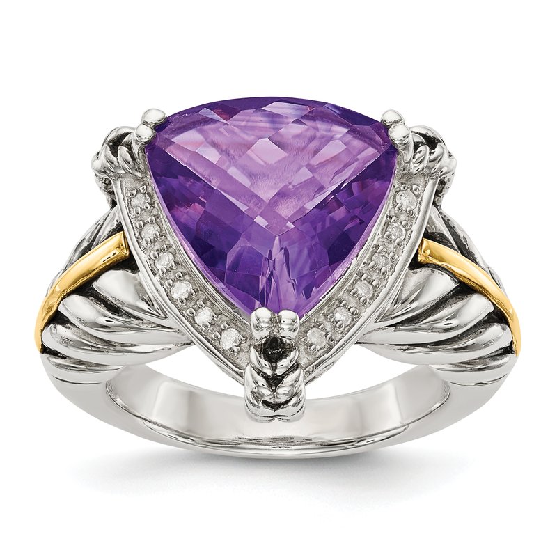 Sterling Silver with 14K Accent Antiqued Trillion Amethyst and Diamond Ring