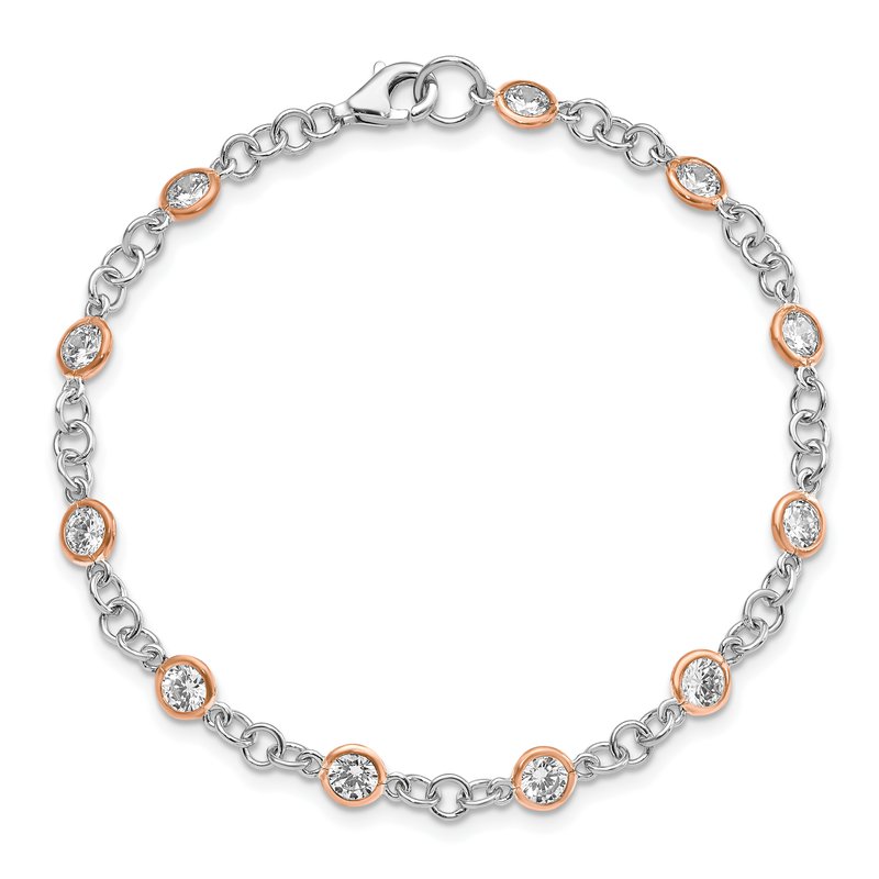 Sterling Silver Rhodium-plated and Rose Gold-plated Accent Brilliant-cut CZ Bezel 11 Station 7.25 Inch Bracelet