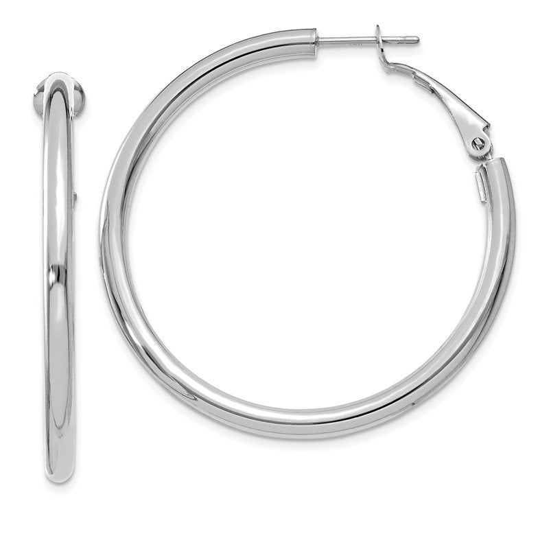 14k White Gold 3x35mm Polished Round Omega Back Hoop Earrings