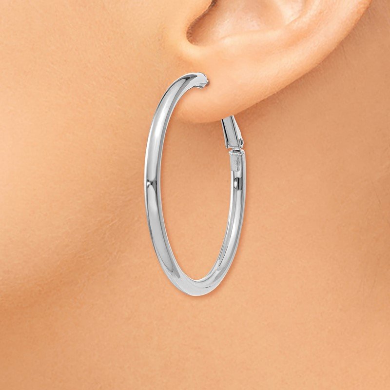 14k White Gold 3x35mm Polished Round Omega Back Hoop Earrings