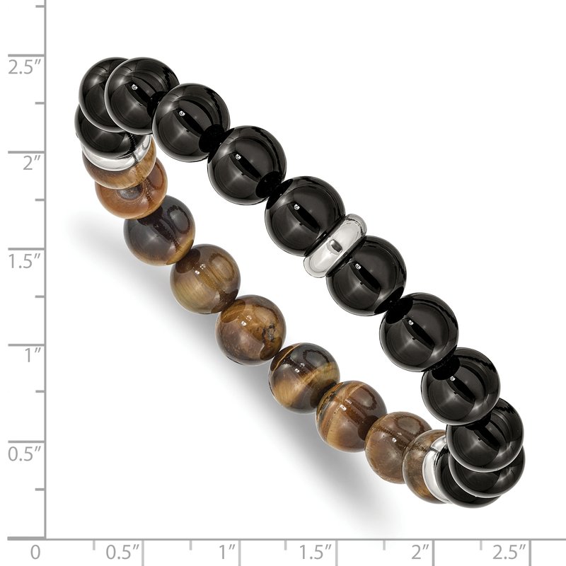 Stainless Steel Polished 10.5mm Black Agate and Tiger's Eye Beaded Stretch Bracelet