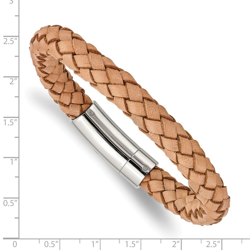 Stainless Steel Polished Light Tan Braided Leather 8.5 inch Bracelet