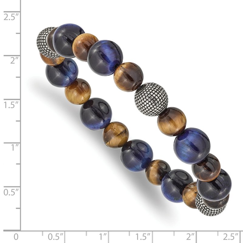 Stainless Steel Antiqued and Polished 8-10mm Brown and Blue Tiger's Eye Beaded Stretch Bracelet