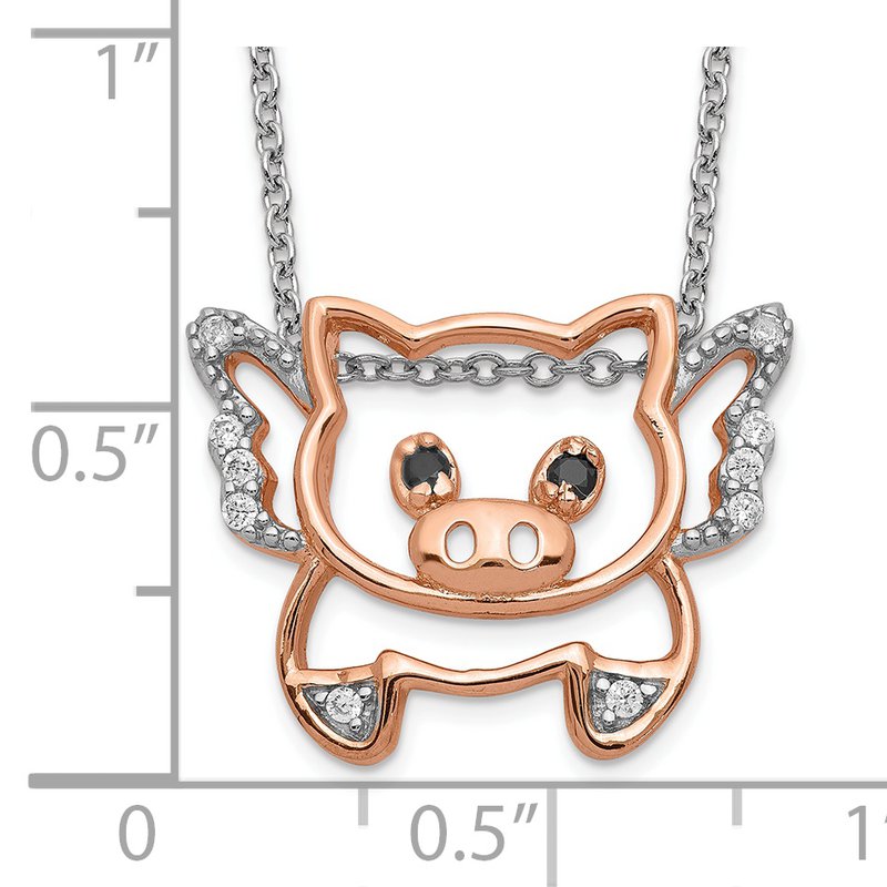 Sterling Silver Rose Gold-plated Brilliant-cut Black Glass and Brilliant-cut White CZ Flying Pig 18 Inch Necklace
