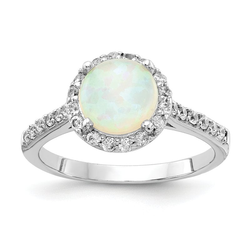 Sterling Silver Rhodium-plated Cabochon Lab Created Opal and Brilliant-cut CZ Halo Ring