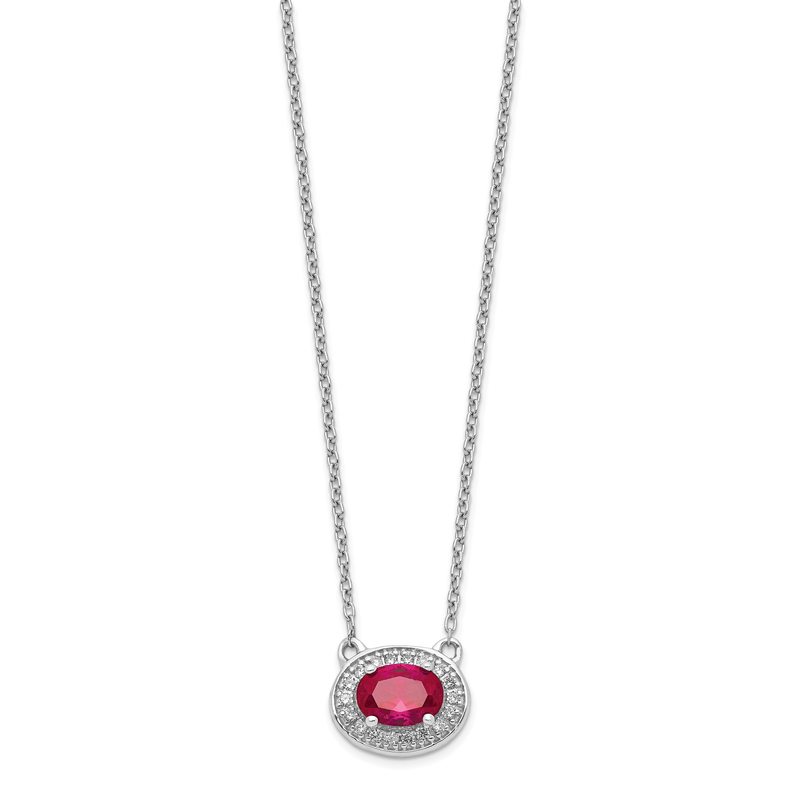 14k White Gold Diamond and 6x4mm Oval Ruby Halo East-West 18 inch Necklace