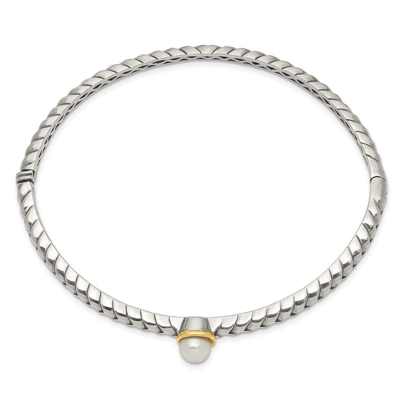 Sterling Silver with 14K Accent 6mm FW Cultured Pearl Hinged Bangle Bracelet