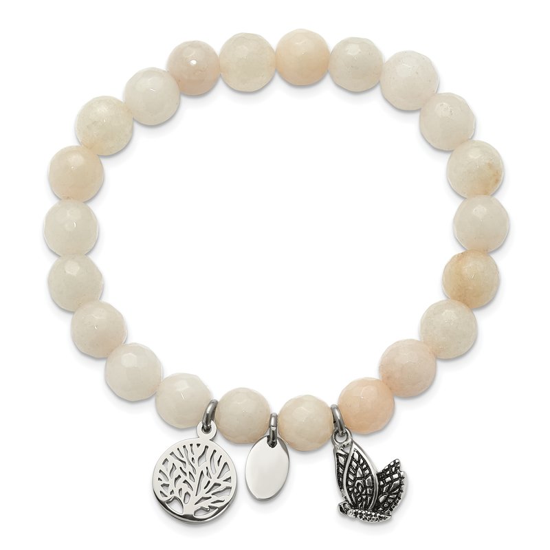 Stainless Steel Antiqued and Polished Butterfly and Tree of Life 8mm White Jade Beaded Stretch Bracelet