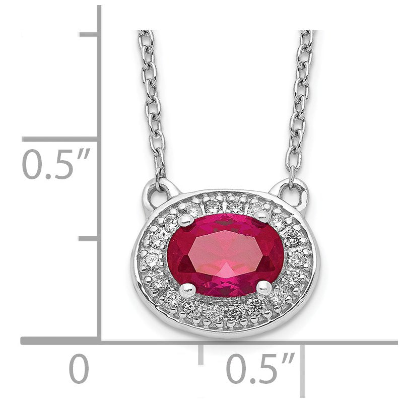 14k White Gold Diamond and 6x4mm Oval Ruby Halo East-West 18 inch Necklace
