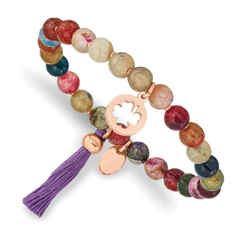 Stainless Steel Polished Rose IP-plated Clover 6mm Multi Color Agate Beaded Stretch Bracelet with Tassel