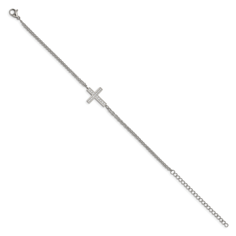Stainless Steel Polished CZ Sideways Cross 6.25 inch Bracelet with 2 inch Extension