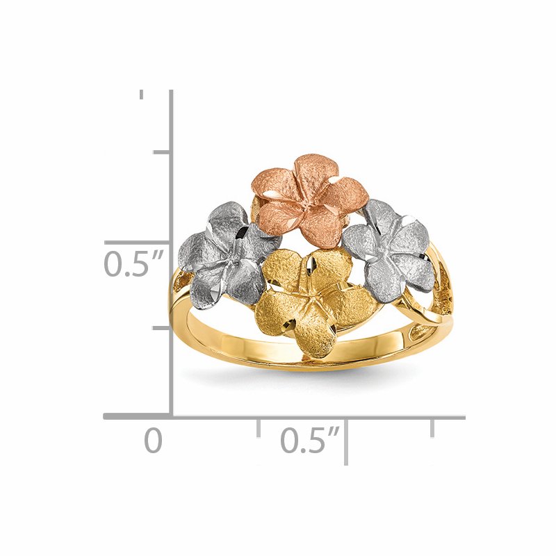 14k Two-tone w/White Rhodium Polished &amp; Satin D/C 4-Plumeria Ring