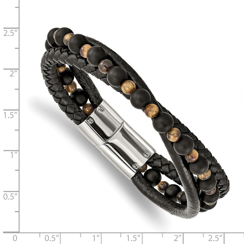 Stainless Steel Polished Multi Strand Tiger's Eye and Black Agate Beaded Black Leather 8.25 inch Bracelet