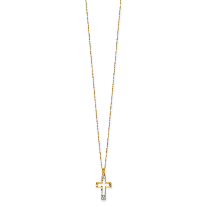 14k Polished Diamond-cut CZ Cross Pendant 16 inch Necklace