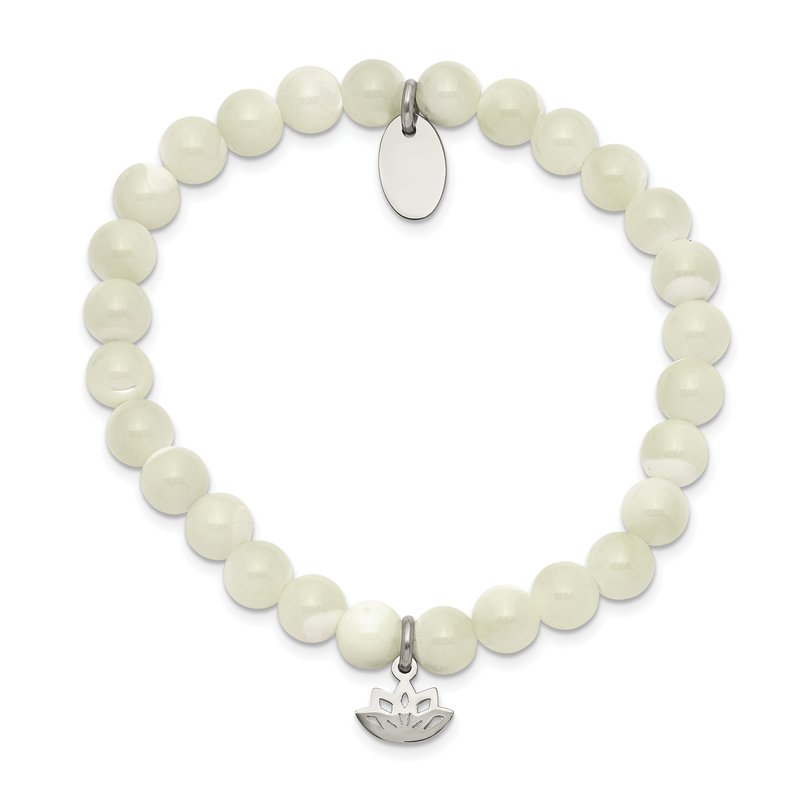 Stainless Steel Polished Lotus 6mm Mother of Pearl Beaded Stretch Bracelet