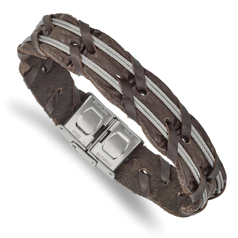 Stainless Steel Polished Cable and Brown Leather 8.5 inch Bracelet