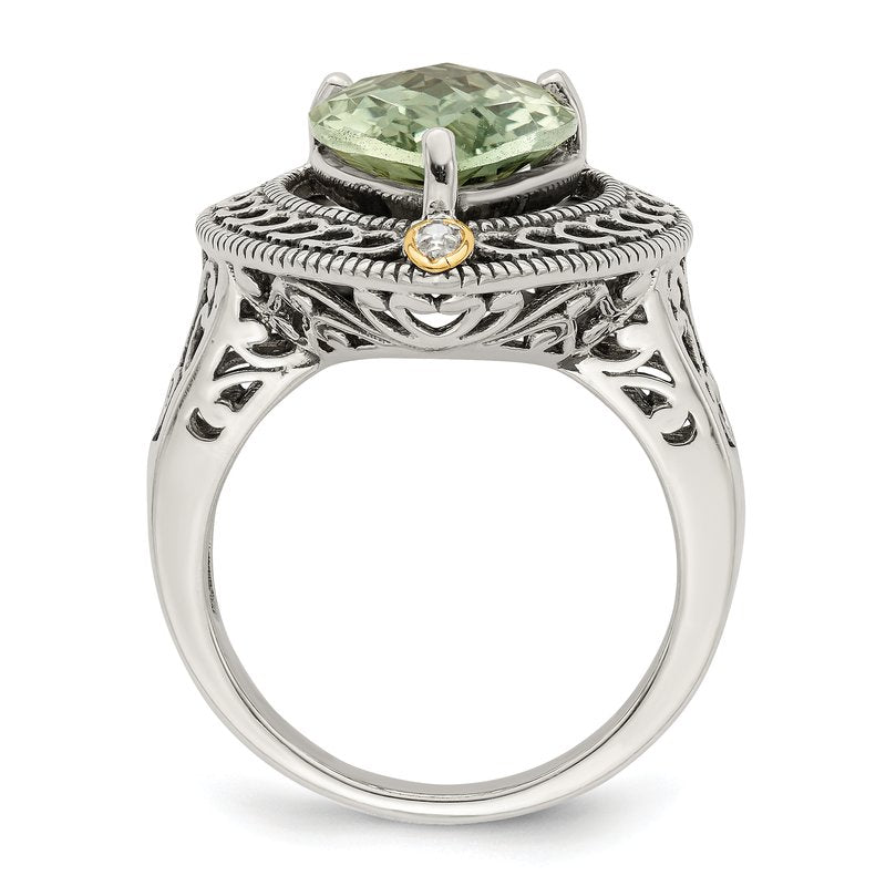 Sterling Silver with 14K Accent Antiqued Diamond and Pear Shaped Green Quartz Ring