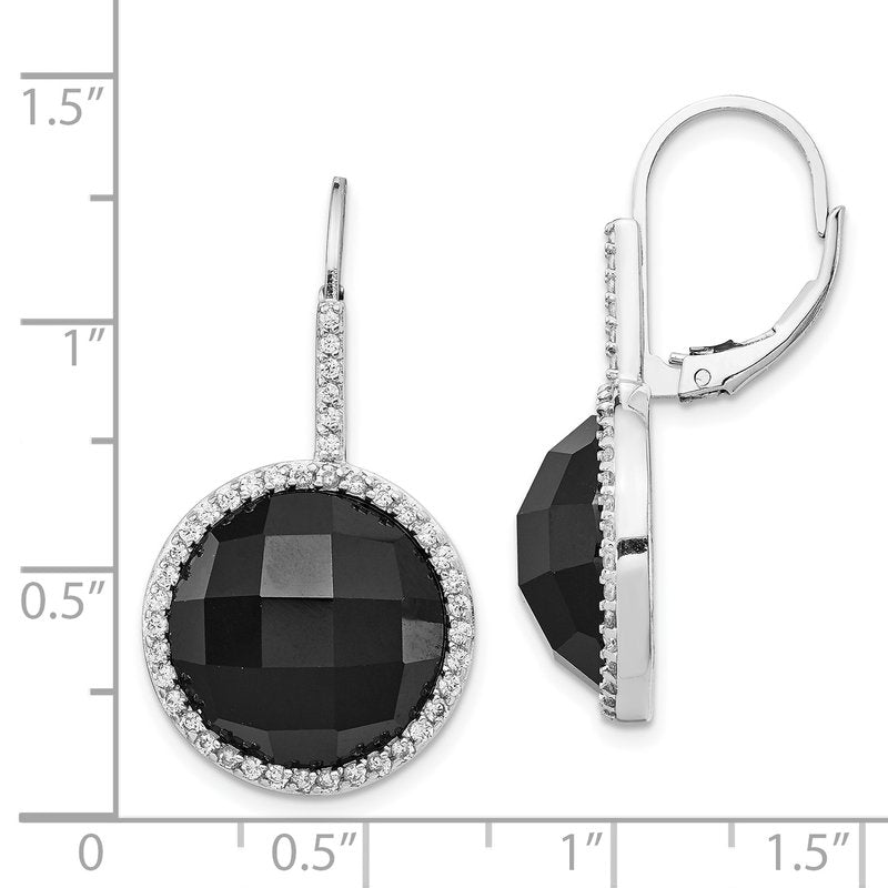 Sterling Silver Rhodium-plated Checker-cut Onyx and Brilliant-cut White CZ Round Halo Dangle Leverback Earrings