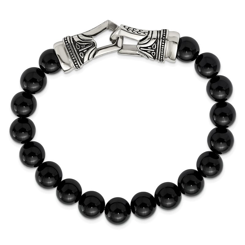 Stainless Steel Antiqued and Polished 10mm Black Agate Beaded Stretch Bracelet