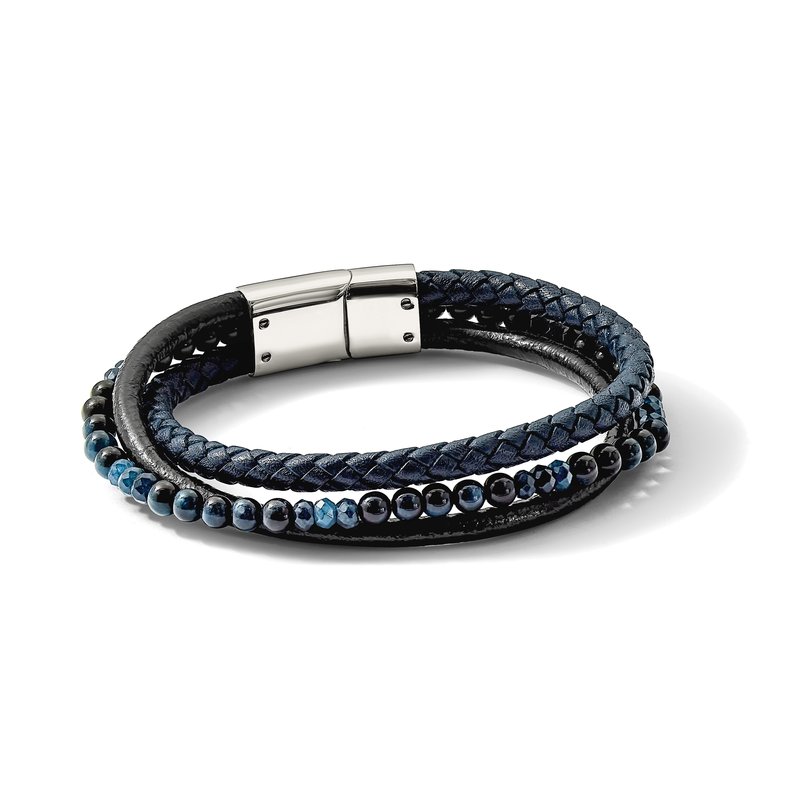 Stainless Steel Polished Multi Strand Blue Chalcedony and Tiger's Eye Beaded Black and Blue Leather 8.25 inch Bracelet