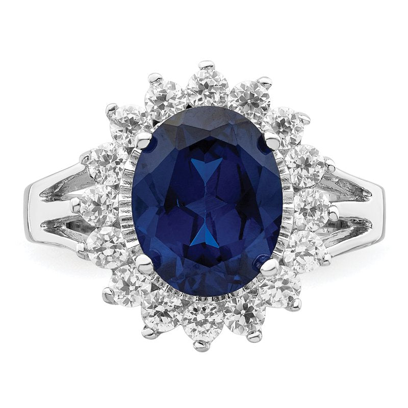 Sterling Silver Rhodium-plated Brilliant-cut Lab Created Dark Blue Spinel and Brilliant-cut White CZ Oval Halo Ring