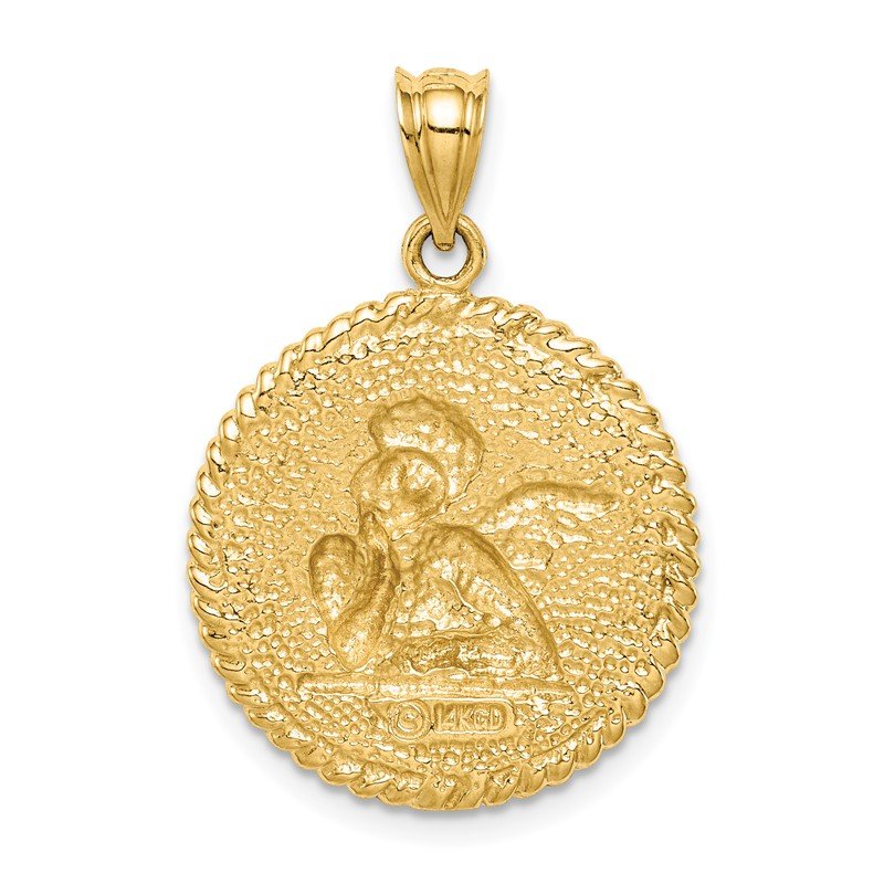 14K Brushed Angel Round Pendant