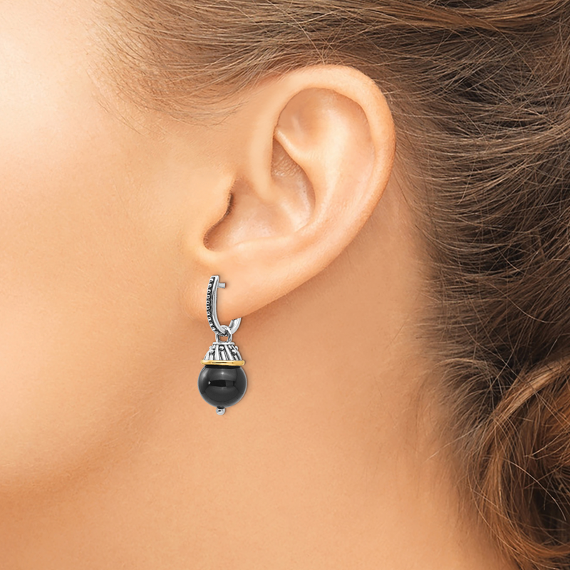 Sterling Silver with 14K Accent Antiqued Black Onyx Hinged Hoop Dangle Earrings