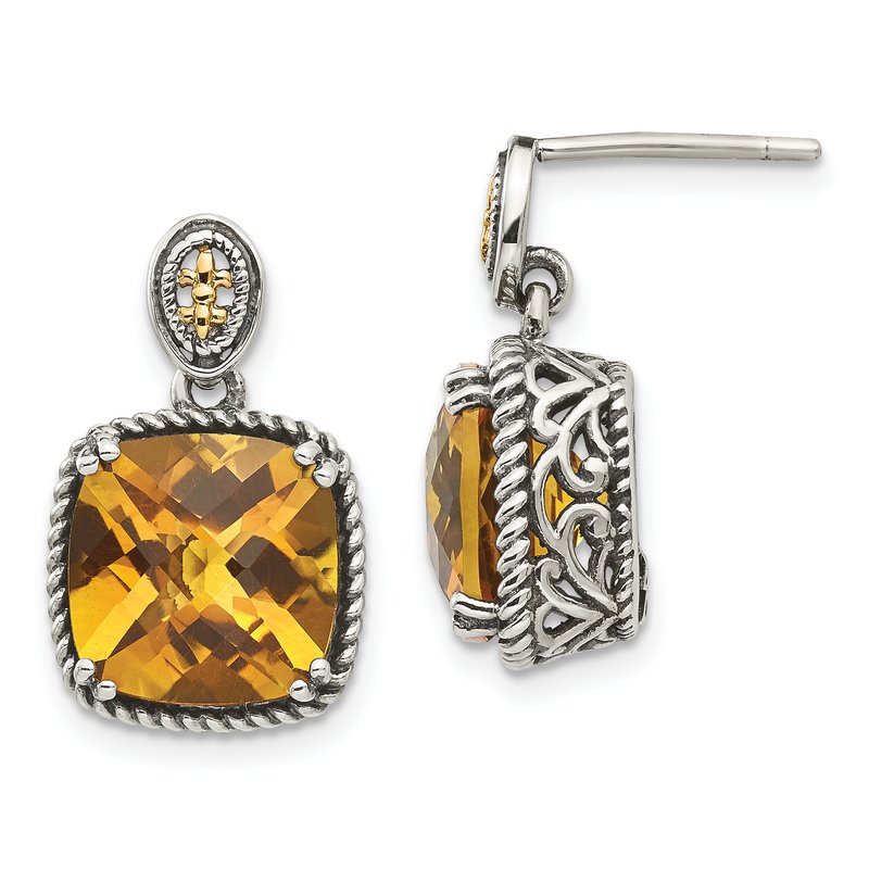 Sterling Silver with 14K Accent Antiqued Cushion Citrine Dangle Post Earrings