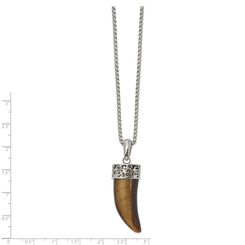 Stainless Steel Polished Tiger's Eye Horn Pendant on a 24 inch Box Chain Necklace