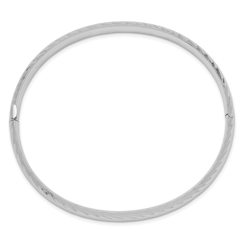 14k White Gold 4/16 Polished Textured 6.00mm Hinged Oval Bangle Bracelet