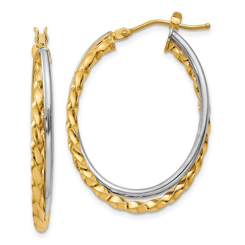 14k Two-Tone Textured and Polished Twist Oval Hoop Earrings