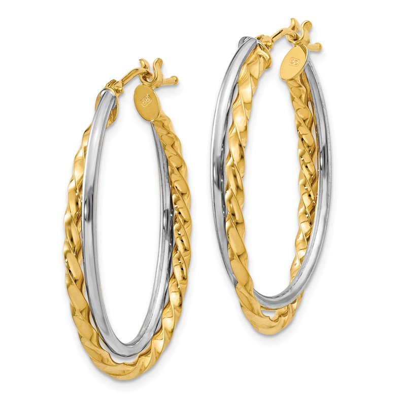 14k Two-Tone Textured and Polished Twist Oval Hoop Earrings
