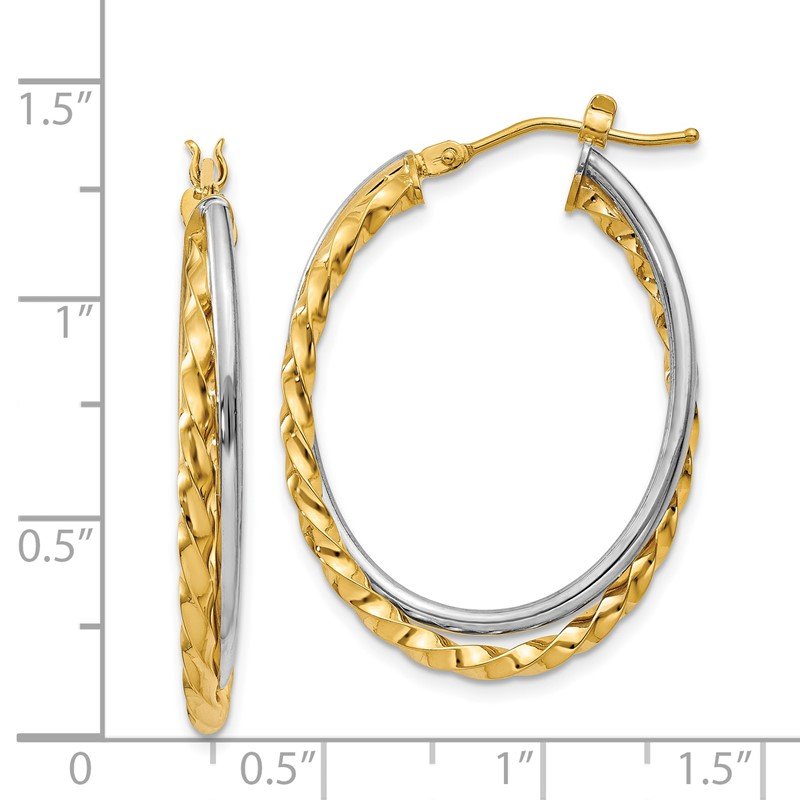 14k Two-Tone Textured and Polished Twist Oval Hoop Earrings