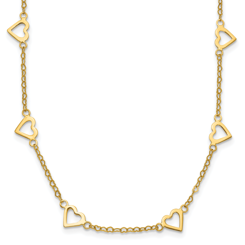 14k Polished Open Hearts with Heart Link Chain 18 inch Station Necklace