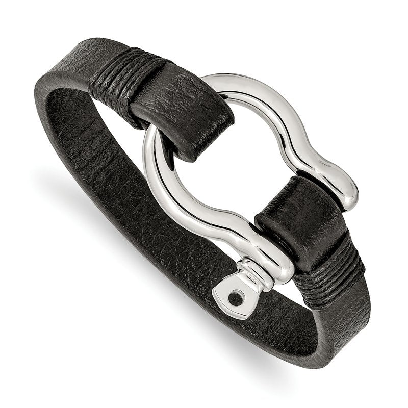 Stainless Steel Polished Shackle Black Leather 8.25 inch Bracelet