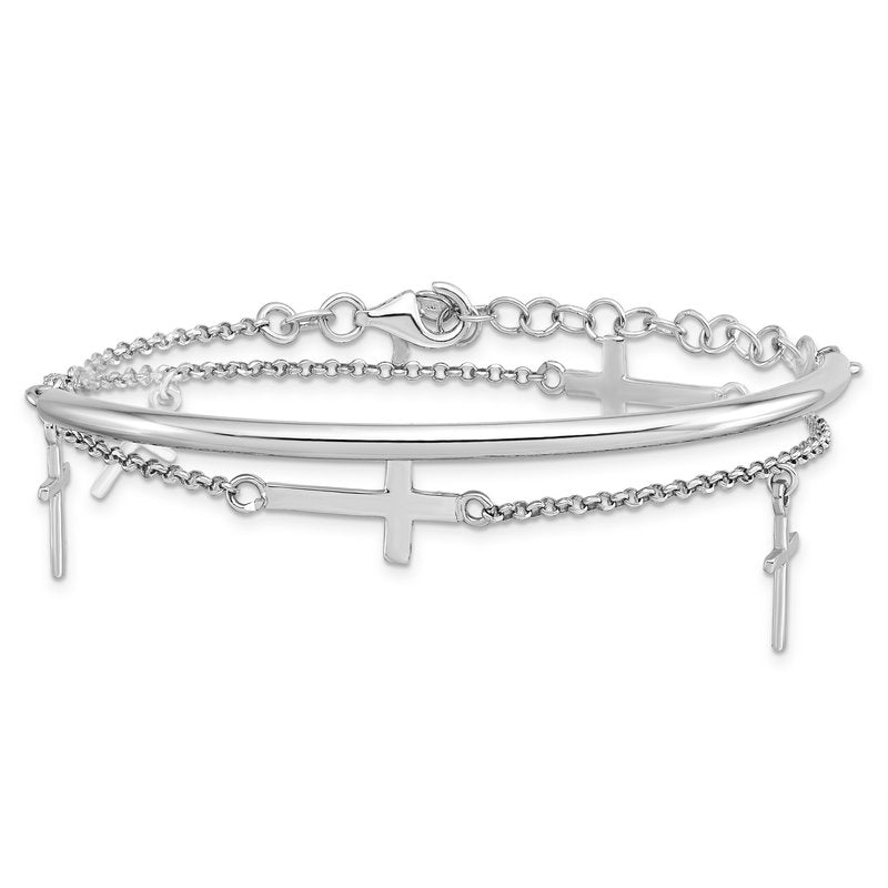 Sterling Silver RH-plt Polished Crosses w/2in ext. Wrap Bracelet