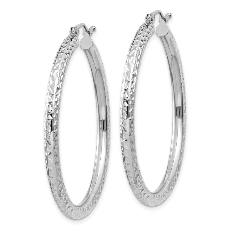 14k White Gold Diamond-cut 3mm Round Hoop Earrings
