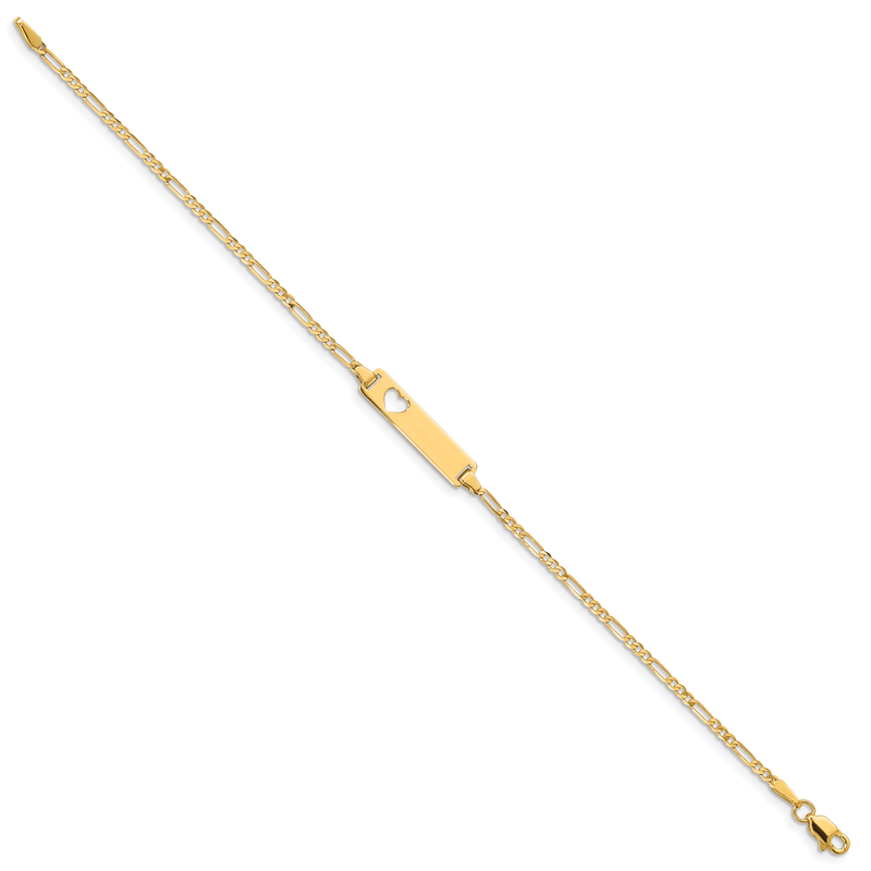 14k Polished Solid Chain/Solid Plate Figaro Link Cut-out Heart 20x5mm Plate 7 inch ID Bracelet
