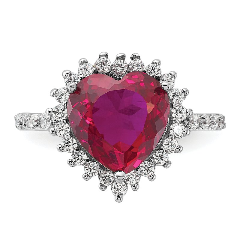 Sterling Silver Rhodium-plated 100 Facet Lab Created Ruby and Brilliant-cut White CZ Heart Halo Ring