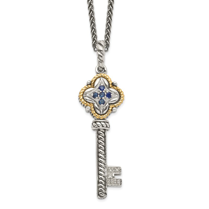 Sterling Silver with 14K Accent 18 Inch Antiqued Sapphire and Diamond Key Necklace