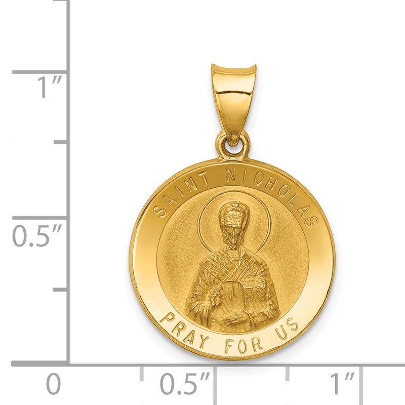 14k Polished and Satin Hollow St Nicholas Medal Round Pendant
