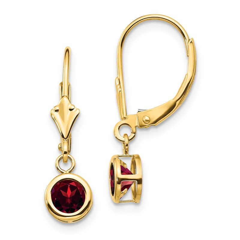 14k 5mm Round Garnet Bezel Leverback Dangle Earrings