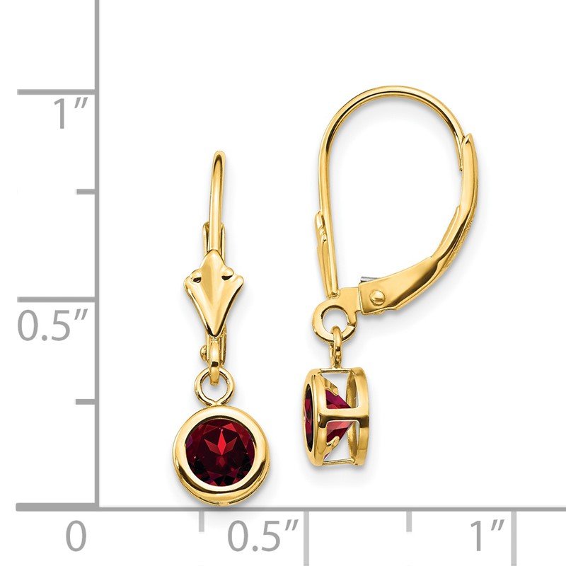 14k 5mm Round Garnet Bezel Leverback Dangle Earrings
