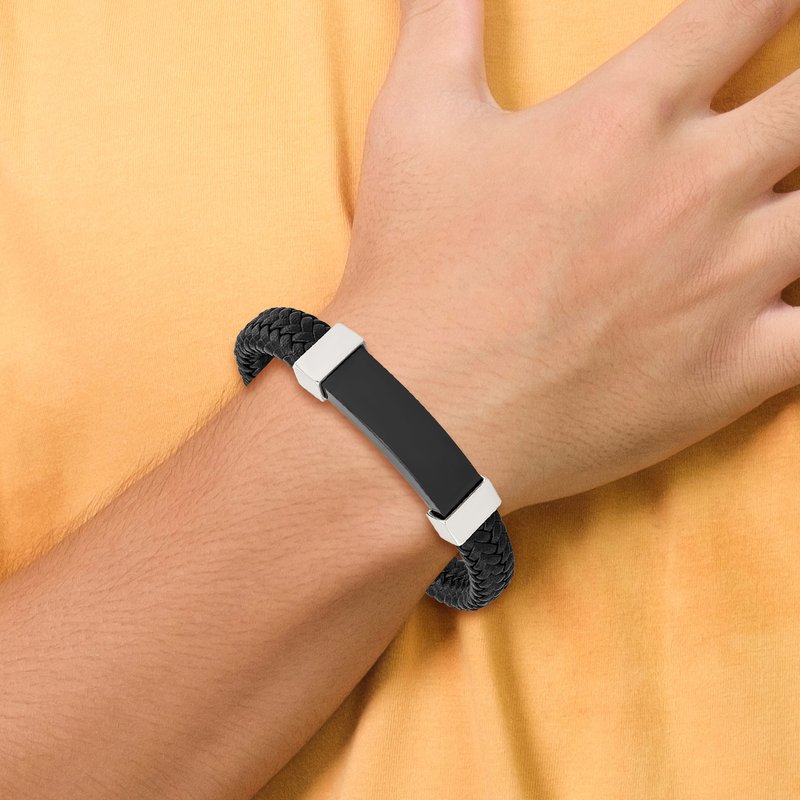 Stainless Steel Polished Black IP-plated Black Braided Leather 8.5 inch Bracelet