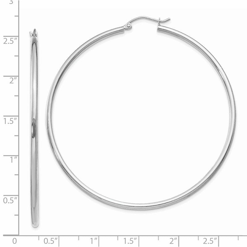 14k White Gold 2x60mm Polished Lightweight Tube Hoop Earrings