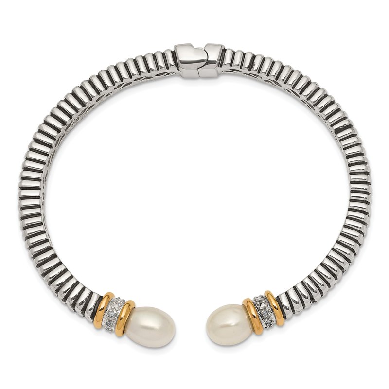 Sterling Silver with 14K Accent Antiqued 10x7.5mm Freshwater Cultured Pearl and Diamond Hinged Cuff Bracelet