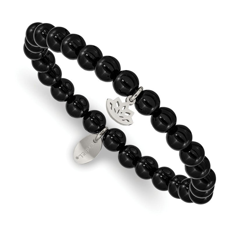 Stainless Steel Polished Lotus 6mm Black Agate Beaded Stretch Bracelet
