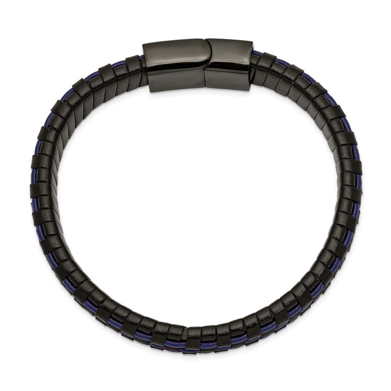 Stainless Steel Polished Black IP-plated and  Black and Blue Leather 8.25 inch Bracelet