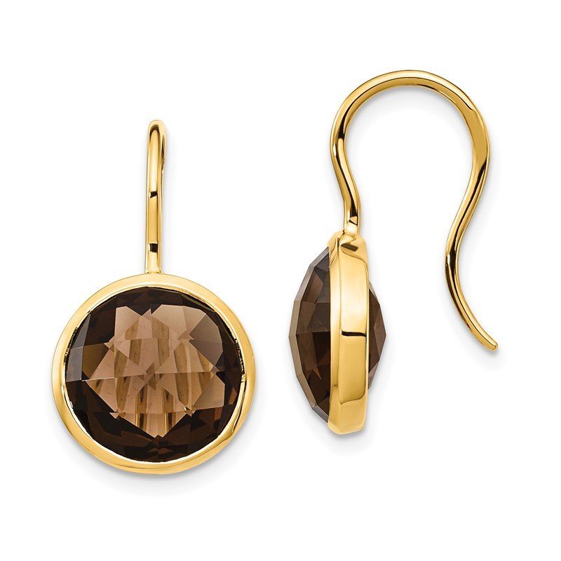 14k 11mm Round Smoky Quartz Checkerboard Dangle Shepherd Hook Earrings
